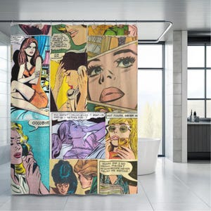 May include: A shower curtain featuring a collage of vintage comic book panels. The panels depict women in various emotional states, with speech bubbles containing phrases like "Goodbye" and "Where did I go wrong?" The color palette includes shades of orange, yellow, and blue.