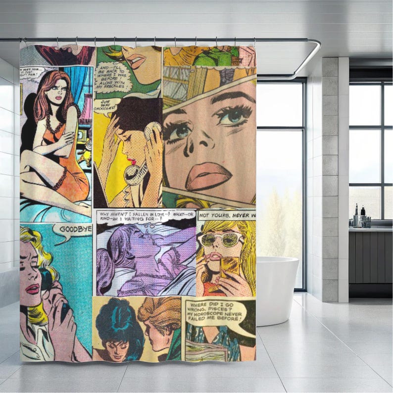 May include: A shower curtain featuring a collage of vintage comic book panels. The panels depict women in various emotional states, with speech bubbles containing phrases like "Goodbye" and "Where did I go wrong?" The color palette includes shades of orange, yellow, and blue.
