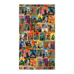 A rectangular flat lay design featuring a grid of colorful vintage Godzilla and monster movie poster illustrations.