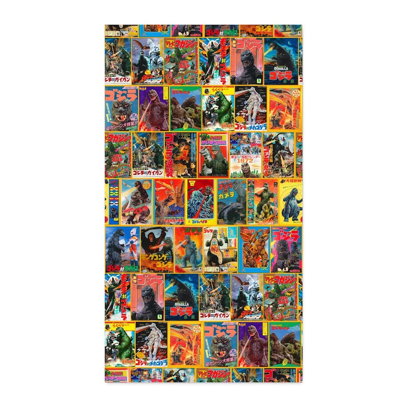 A rectangular flat lay design featuring a grid of colorful vintage Godzilla and monster movie poster illustrations.