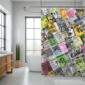 Cortinas de ducha de punk rock, decoración de baño con volantes de espectáculos de punk y hardcore vintage, música punk, póster para decoración del hogar, baño de punk rock