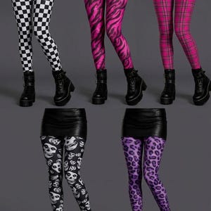 A grid of five images displaying different legging patterns including checkerboard, pink tiger stripe, pink plaid, skull print, and purple leopard print.