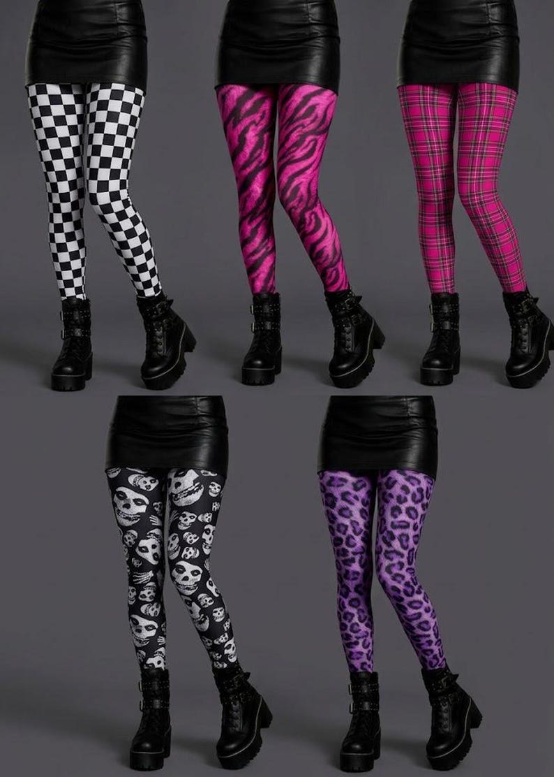 A grid of five images displaying different legging patterns including checkerboard, pink tiger stripe, pink plaid, skull print, and purple leopard print.