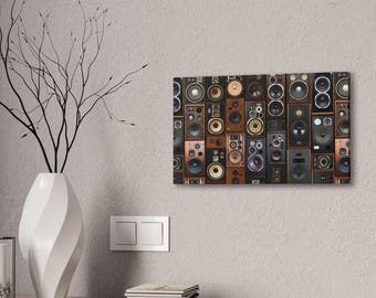 Audiomuurkunst | Vintage speakercollagecanvas voor muziekliefhebbers