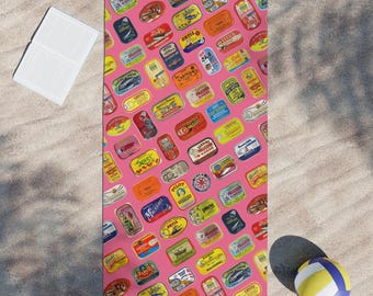 Sardine Tin Beach Towel: Vintage Fish Can Print, Quirky Coastal Decor