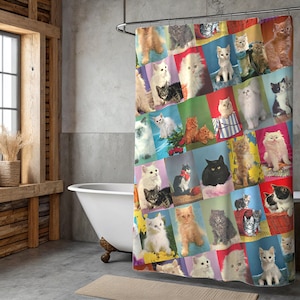 Flauschiger Katzen Duschvorhang - Bunt, Süß und Gruselig Vintage Katze Postkarten Design, Badezimmer Dekor, Katzenliebhaber Geschenk, Einzigartiges Kätzchen Wohndekor