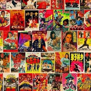 A close-up, flat lay of a blanket patterned with a detailed collage of vintage Kung Fu movie posters.
