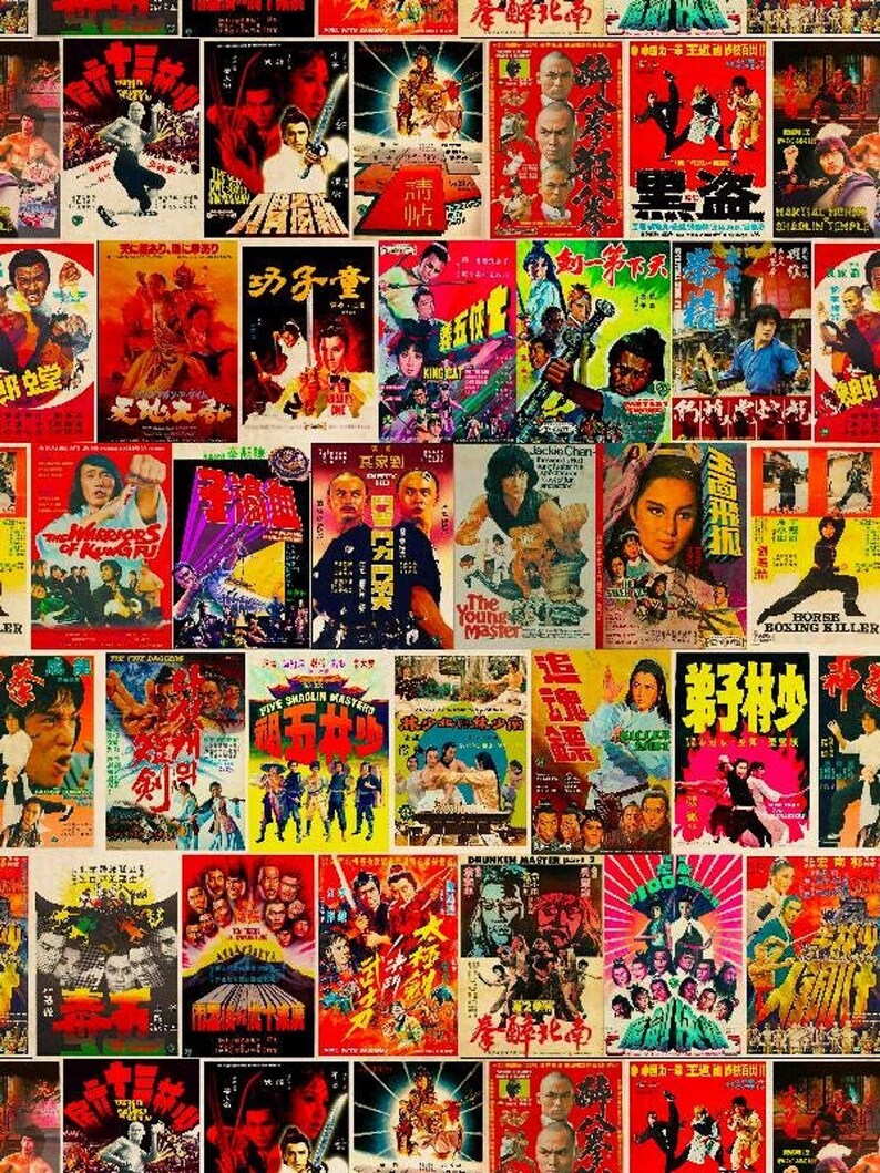 A close-up, flat lay of a blanket patterned with a detailed collage of vintage Kung Fu movie posters.
