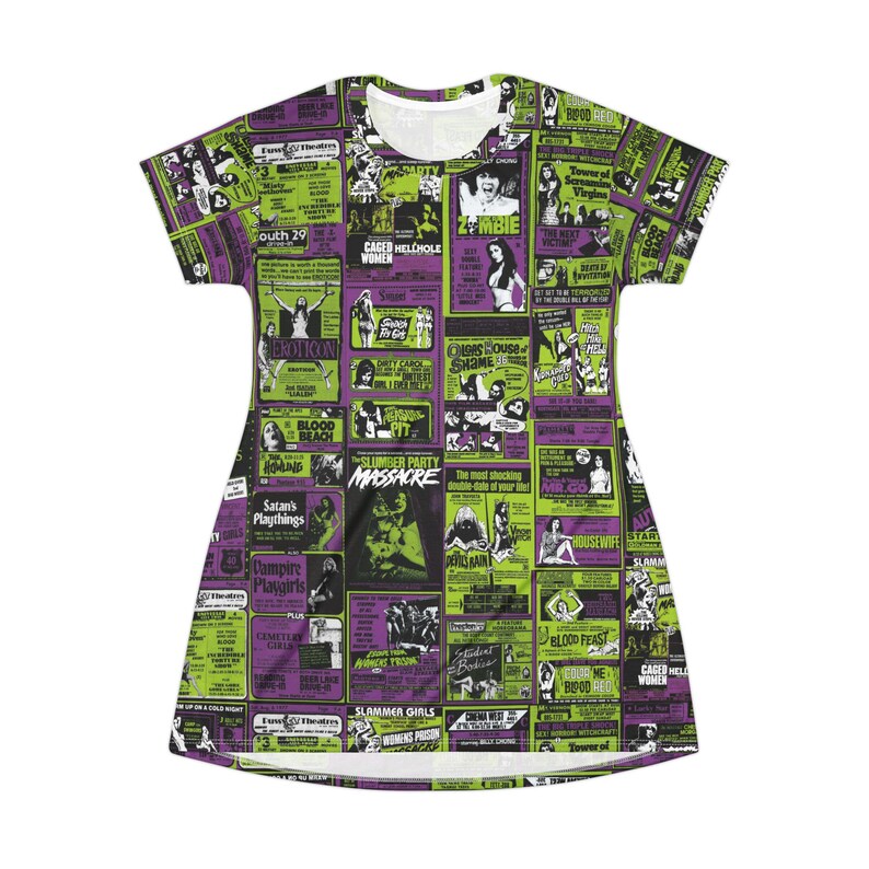 Flat lay front view of the short sleeve t-shirt dress covered in a collage of vintage horror movie posters in green and purple.