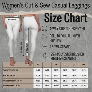 A product sizing chart for women's cut and sew casual leggings with measurements for sizes XS to 2XL.