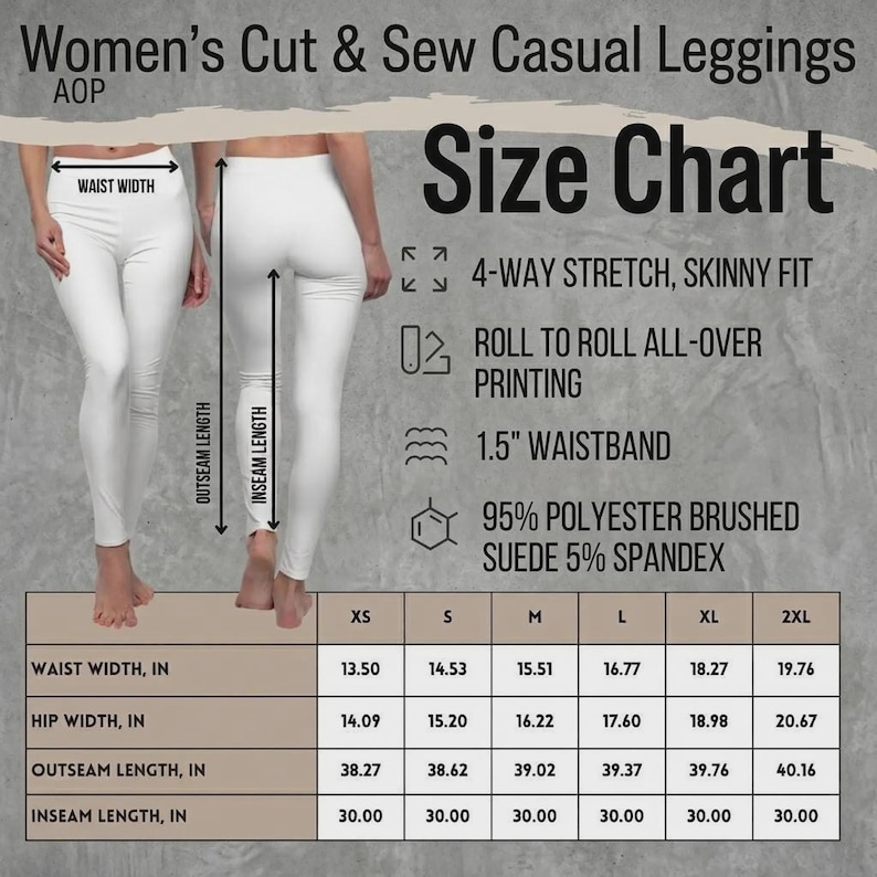 A product sizing chart for women's cut and sew casual leggings with measurements for sizes XS to 2XL.