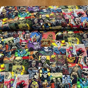 Tela de terror, 100% poliéster hilado, collage de cómics, cortada a medida.