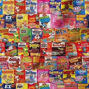 May include: A repeating pattern fabric featuring a collage of vintage cereal boxes including Mr. T, Quisp, Kaboom, Trix, Boo-Berry, Barbie, Pac-Man, Donkey Kong, E.T., Sugar Pops, Lucky Charms, Super Sugar Crisp, Pink Panther, and Cookie Crisp.