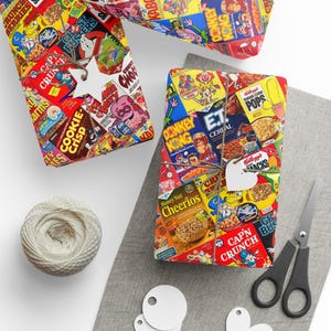 Colorful Wrapping Paper Retro Cereal Design Nostalgic Gift Packaging Vintage Breakfast Theme Cartoon Style Illustration Matte Finish Quality High Definition Printing Thick Paper Stock Perfect Present Covering Unique Birthday Gift Holiday