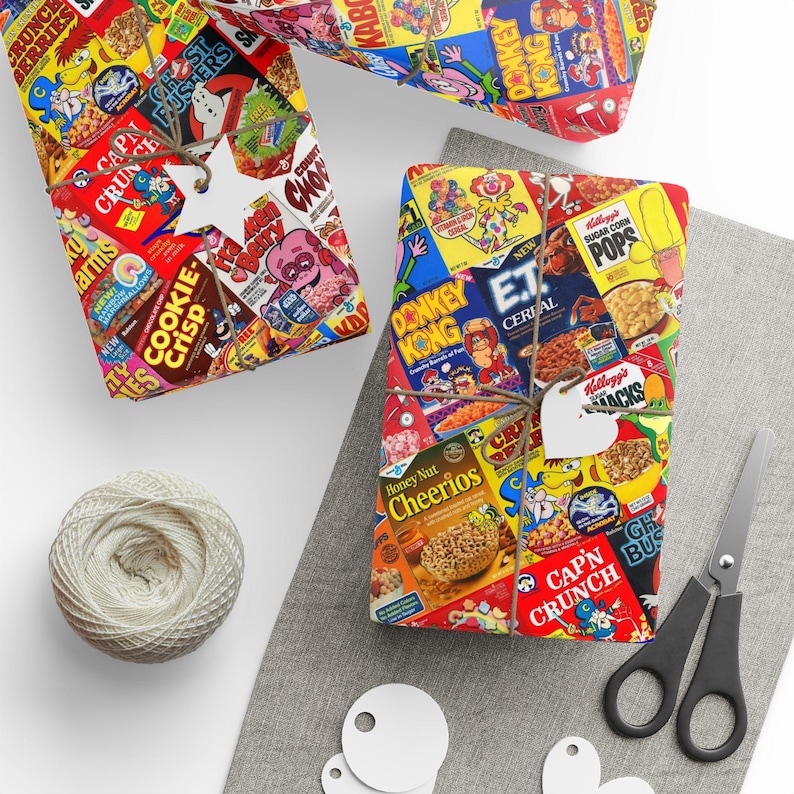 Colorful Wrapping Paper Retro Cereal Design Nostalgic Gift Packaging Vintage Breakfast Theme Cartoon Style Illustration Matte Finish Quality High Definition Printing Thick Paper Stock Perfect Present Covering Unique Birthday Gift Holiday