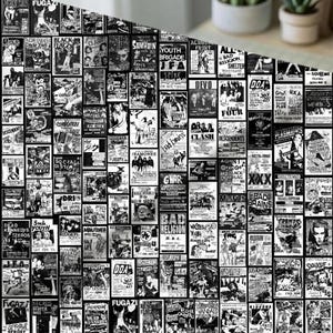 A close-up view of black-and-white punk flyer collage fabric with potted plants in the blurred background.