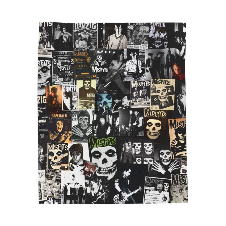 A close-up of a black and white Misfits blanket, showing a collage of band logos, album covers, and concert posters.