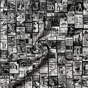 A bolt of black-and-white fabric patterned with a collage of punk rock flyers and band posters is draped with soft folds.