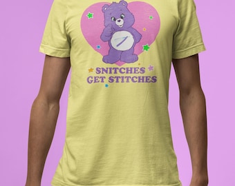 Care Bear Retro Aged Tee, Snitches Get Stitches, Colorful Vintage Shirt, 80s Graphic T-shirt, Rainbow Throwback Apparel, Fun Unisex Top