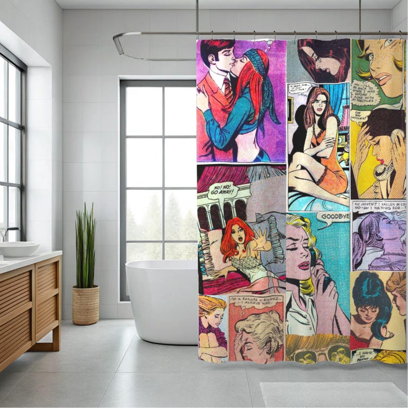 May include: A shower curtain featuring a collage of vintage comic book panels. The panels depict scenes of romance, drama, and emotional expressions, with bold colors and speech bubbles. The curtain adds a retro aesthetic to the bathroom.