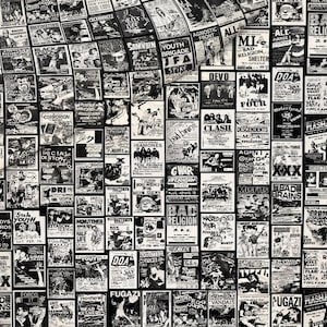 An angled close-up of folded black-and-white punk flyer collage fabric with clear details of the individual posters.
