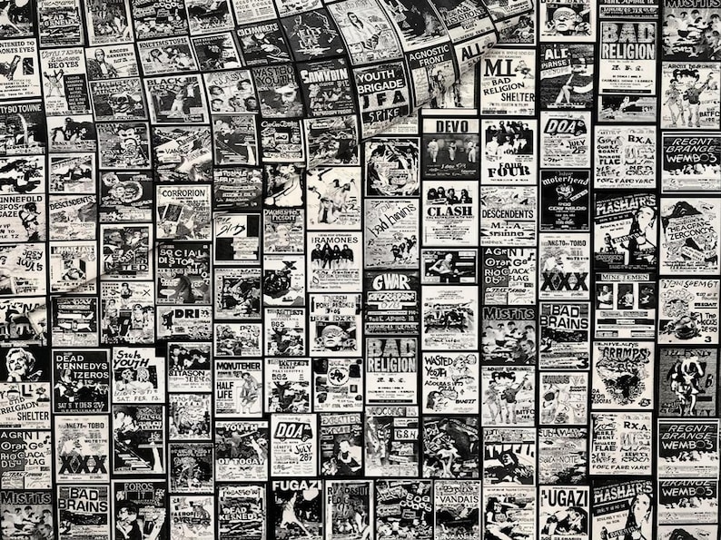 An angled close-up of folded black-and-white punk flyer collage fabric with clear details of the individual posters.