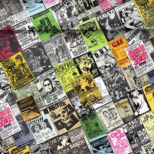 May include: A collage of colorful flyers and posters with a punk rock theme. The flyers feature band names, dates, and locations for concerts and events. Some of the bands featured include The Descendents, Sonic Youth, Black Flag, and The Misfits.