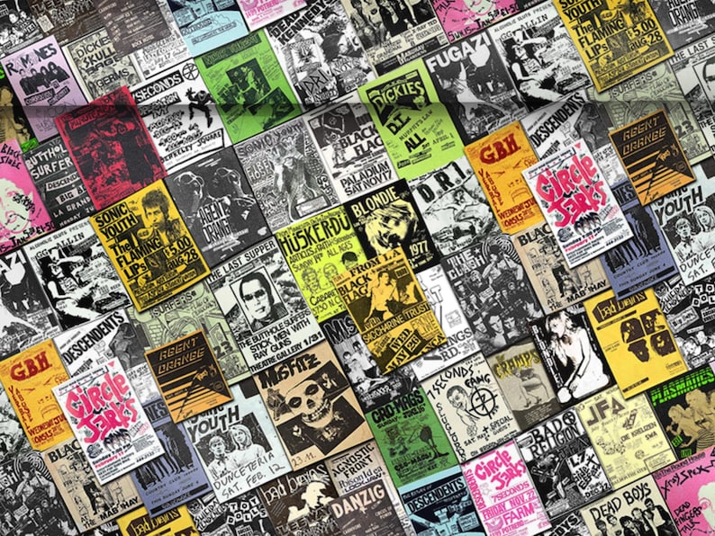 May include: A collage of colorful flyers and posters with a punk rock theme. The flyers feature band names, dates, and locations for concerts and events. Some of the bands featured include The Descendents, Sonic Youth, Black Flag, and The Misfits.