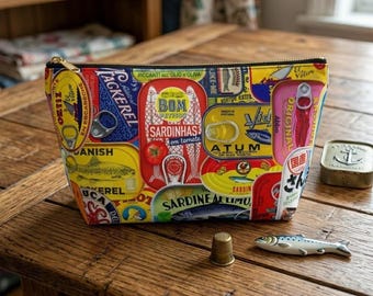 Tin Can Pouch | Vintage Sardine Print, Zippered Travel Makeup Organizer