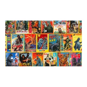 A wider horizontal section of the vintage Godzilla and kaiju poster grid design showing various colorful monster illustrations.