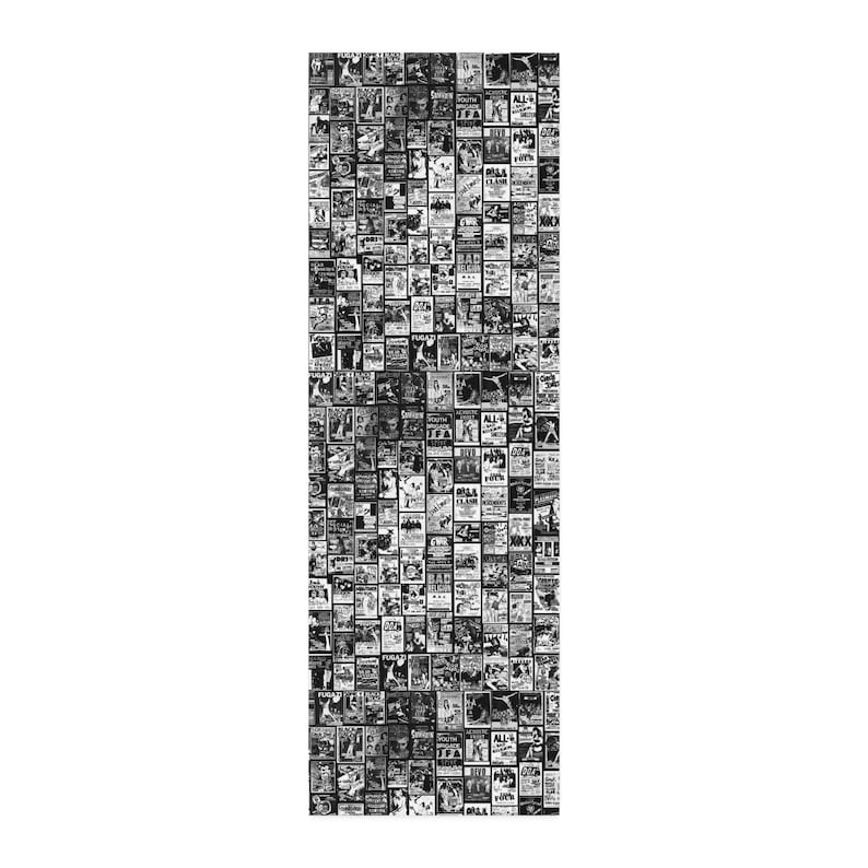A vertical strip of black-and-white punk flyer collage fabric showing a repeating pattern of classic band posters.