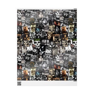 A flat sheet of wrapping paper featuring a collage of black and white Misfits band images and concert flyers.