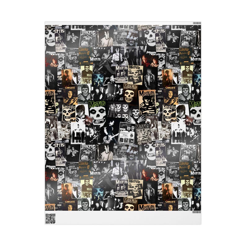 A flat sheet of wrapping paper featuring a collage of black and white Misfits band images and concert flyers.