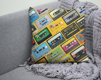 Retro Cassette Tape Pillow | Colorful Vintage Design Square Cushion