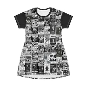 A flat-lay view of the front of a t-shirt dress displaying an all-over black-and-white print of various vintage horror movie posters and solid black sleeves.