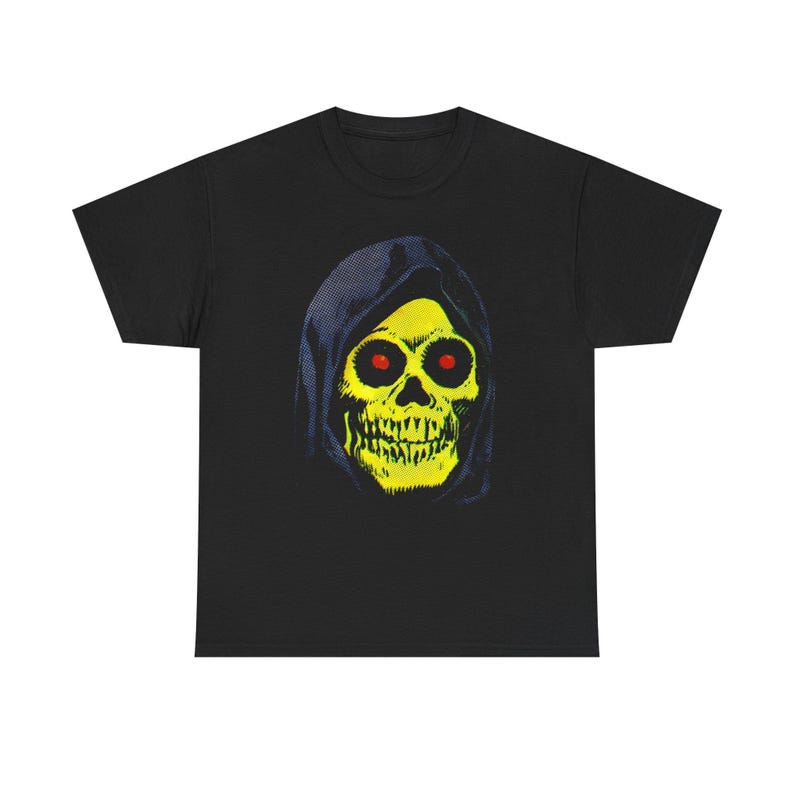 A black t-shirt with a graphic of a yellow skull with red eyes in a blue hood.