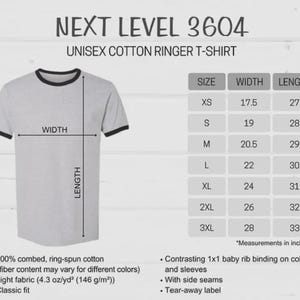 A t-shirt size chart for a Next Level 3604 unisex cotton ringer tee displaying dimensions in inches from XS to 3XL alongside fabric details.