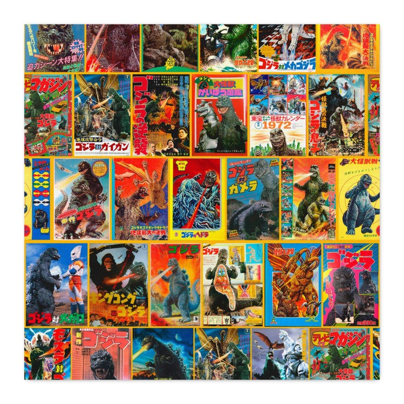 A full flat lay view showing a larger arrangement of the vintage Godzilla and kaiju movie poster pattern blocks.