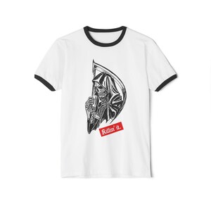 Flat lay of a white ringer t-shirt with black contrast trim on the collar and sleeves, featuring a black illustration of a grim reaper and a red rectangular box with white text that says Killin it.