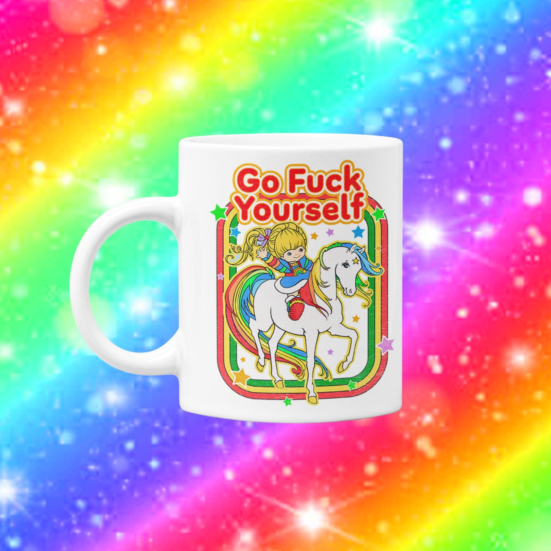 Rainbow Brite GFY Mug – Go F*ck Yourself Funny Coffee Cup, Retro 80s Sarcasm, Adult Humor Gift, Ceramic 11oz Mug
