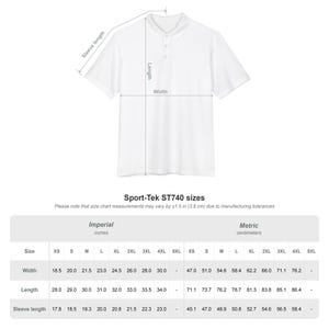 A sizing chart graphic showing measurements in imperial and metric units for a white polo shirt outline.