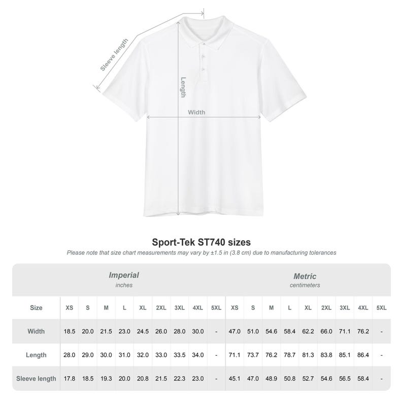 A sizing chart graphic showing measurements in imperial and metric units for a white polo shirt outline.