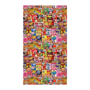 A fabric swatch with a repeating pattern of vintage cereal box designs, including Cap'n Crunch, Lucky Charms, and Frosted Flakes.