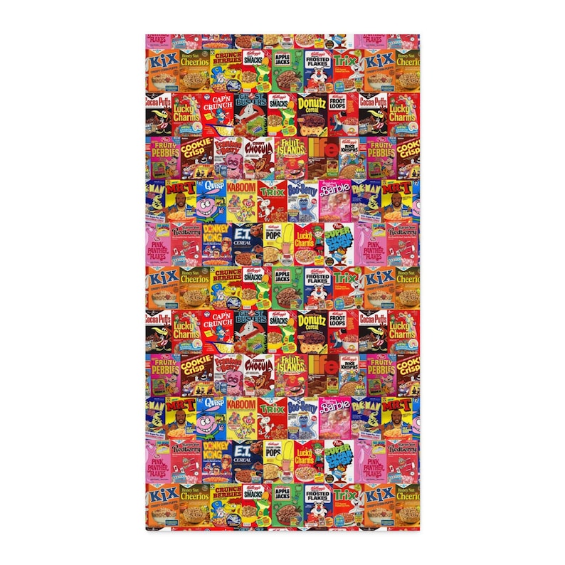 A fabric swatch with a repeating pattern of vintage cereal box designs, including Cap'n Crunch, Lucky Charms, and Frosted Flakes.