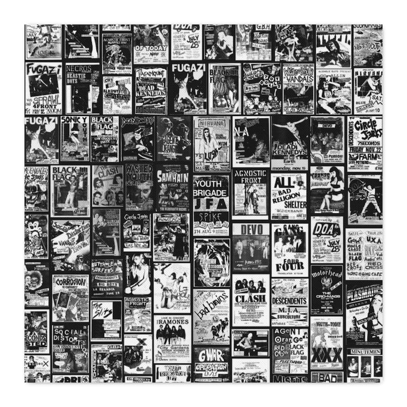 A square sample of black-and-white punk flyer collage fabric featuring band names like Fugazi and Black Flag.