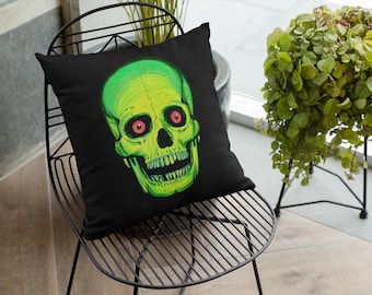Skull Throw Pillow | Retro Halloween Decor with Vintage Skeleton Design