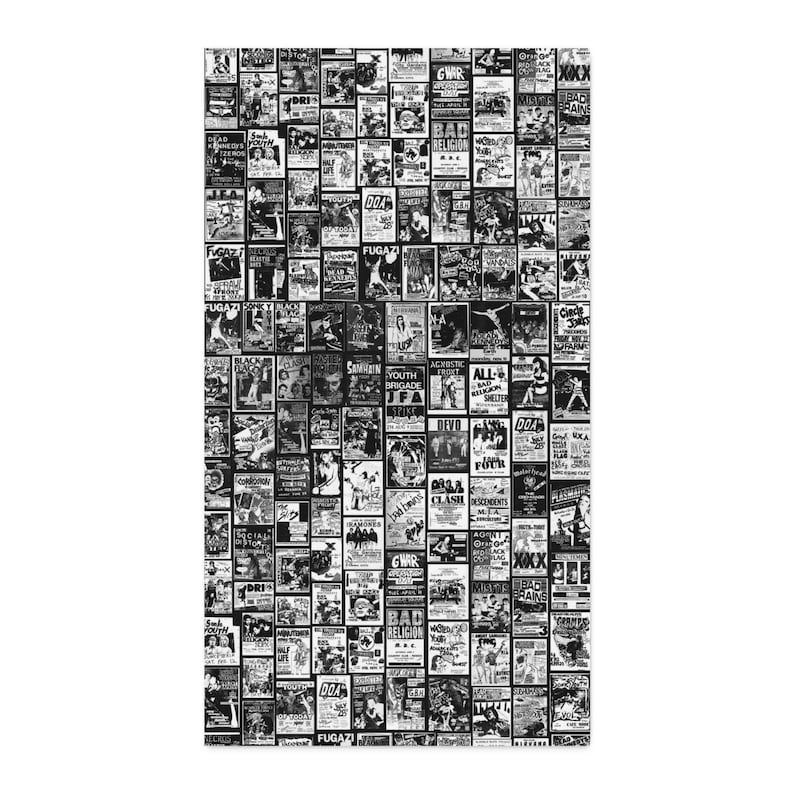 A flat view of rectangular punk flyer collage fabric displaying numerous black-and-white band posters.