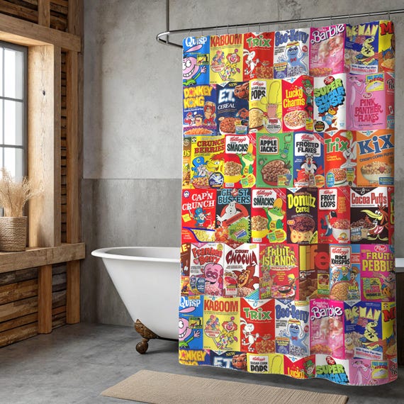 80S Shower Curtain | Retro Cereal Print for Fun Bathroom Decor