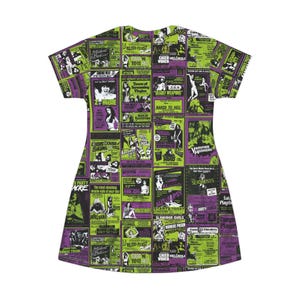 Isolated back view of the t-shirt dress displayed on a plain white background, showing the full green and purple horror poster print.
