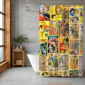 May include: A shower curtain featuring a collage of vintage comic book panels. The panels showcase colorful illustrations of women in various poses and outfits, with a retro aesthetic. The curtain is displayed in a modern bathroom setting.